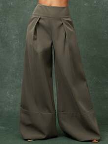 Vixey High Waist Pleated Wide Cuff Wide Leg Office Pants - Army Green - View 2