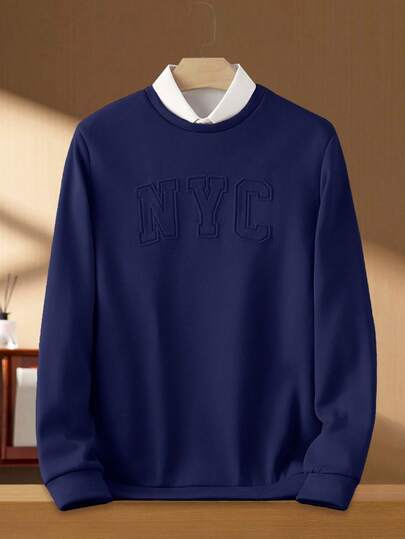 HIMLAND Men's Letter Embossed Casual Loose Fit Sweatshirt, Autumn/Winter Mens Sweater Jersey Sweater Navy Blue Sweatshirt Male Sweater Graphic Mens Blue Sweatshirt