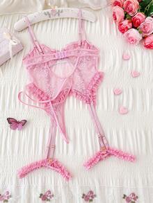 PetitDoll 4pcs Pink Lace Sexy Lingerie Set With Garter