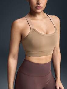 Powerista Women's Contrast Color Backless Racerback Sports Bra For Daily Workout - Brown - View 4