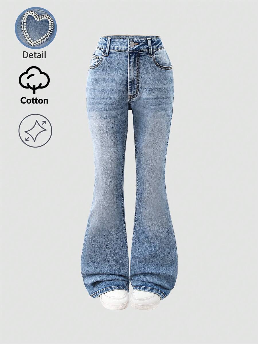 SHEIN 情人节少女牛仔裤，Y2K风格喇叭裤，中蓝色水洗，舒适纯棉，百搭休闲、上学、户外、派对、返校季皆宜，新品上市 - 中等水洗藍 - 查看 1