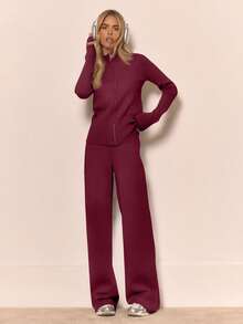 MUSERA Knit Funnel Neck Marl Zip Through Cardigan Only Winter Loungewear Cosy Work Cute Elegant Casual Chic Valentines Elegant Spring - Burgundy - View 8