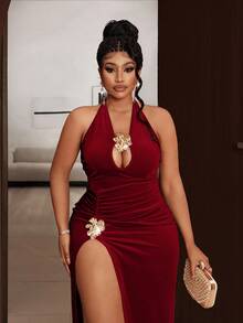 Maweii Đầm hở lưng gợi cảm trang trí kim loại cỡ lớn cho nữ - Màu Đỏ Sâu - Xem 3