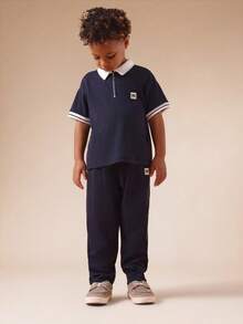 SUMWON 海军蓝翻领 Polo 衫和配套长裤套装，适合年轻男童日常休闲穿着，罗纹面料，舒适合身 - 寶藍色 - 查看 6