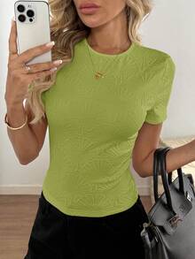 SHEIN LUNE Women's Casual Knit Textured Jacquard Fitted Short Sleeve T-Shirt, Basic Everyday Wear, Spring/Summer - Green - View 3