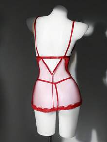 SHEIN 两件套女士薄纱蕾丝吊带睡裙和丁字裤套装 - 酒紅色 - 查看 2