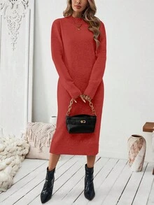 SHEIN LUNE 女士纯色休闲直筒简约针织连衣裙 - 紅色 - 查看 4