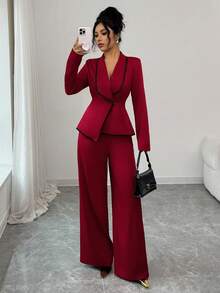 SHEIN Tall 两件套女士时尚撞色修身外套+纯色裤子套装 - 紅色 - 查看 6