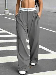 SHEIN EZwear 秋冬季休闲通勤撞色腰带阔腿西装裤 - 淺灰色 - 查看 1