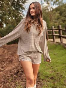 WESTFADE Multi Striped Oversized Long Flared Sleeve Polo Top & Mid Rise Shorts Winter, Christmas, NYE, Casual, Cute, Boho, Cowgirl, Nashville - Brown - View 1