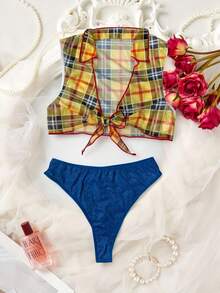 SHEIN 性感女牛仔服装，3 件套：格子牛仔印花无袖上衣和腿袜 - 彩色 - 查看 5