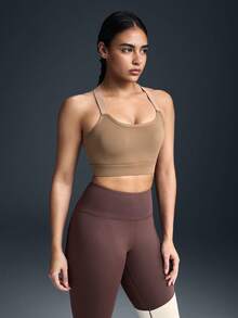 Powerista Women's Contrast Color Backless Racerback Sports Bra For Daily Workout - Brown - View 3