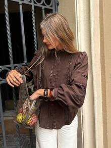 Serisse Women's Casual   100% Cotton Brown  Shirt With Embroidery, Frill Trim And Single-Breasted Button Closure,Brown ,Elegant Women's Blouses Brown Blouse Eyelet Blouse Spring - Coffee Brown - View 3