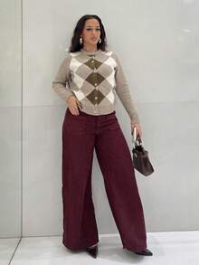 NegzBox Pantaloni casual dritti e larghi in velluto a coste di colore unito, adatti per l'autunno/inverno - Bordò - Visualizzare 1