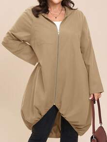 SHEIN LUNE 秋冬季大码休闲纯色连帽外套 - 卡其色 - 查看 5