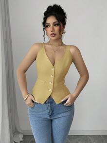 Elenzga Summer Casual Commuter Solid Color Front Button Camisole - Pale Yellow - View 7