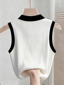 Franclia 女士休闲百搭撞色无袖上衣 黑白撞色上衣 夏季上衣 女式上衣 可爱学院风上衣 夏季针织衫 无袖Polo衫 女士针织衫 夏季上衣 女士针织衫 - 黑與白 - 查看 2