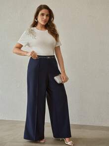 MOTF PREMIUM PLUS SIZE METAL BUCKLE FAUX LEATHER STRAP DECOR WIDE LEG PANTS - Navy Blue - View 6