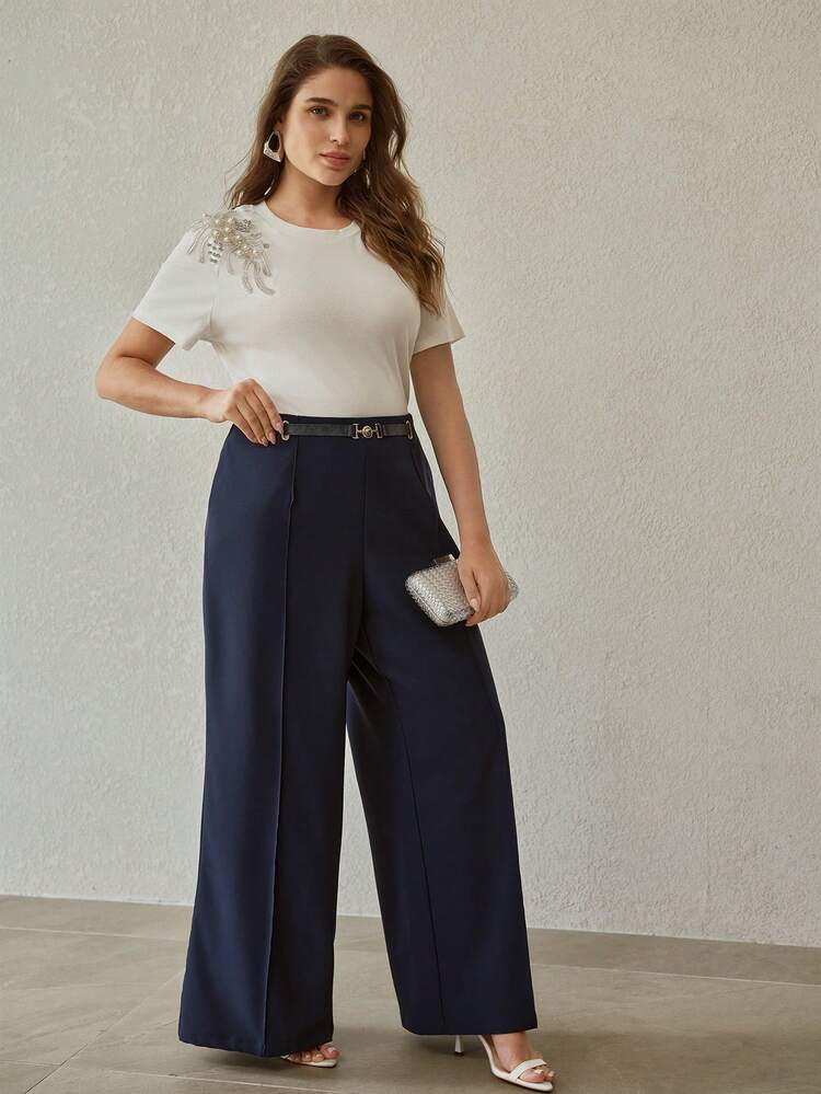 PLUS SIZE METAL BUCKLE FAUX LEATHER STRAP DECOR WIDE LEG PANTS