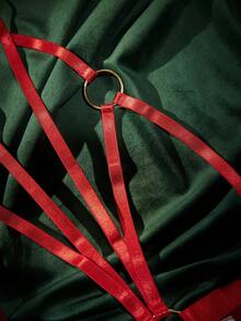 SpicyHot 4pcs Sexy Heart-Shaped Pasties, Woven Straps, Metal Ring Lingerie Set - Red - View 5
