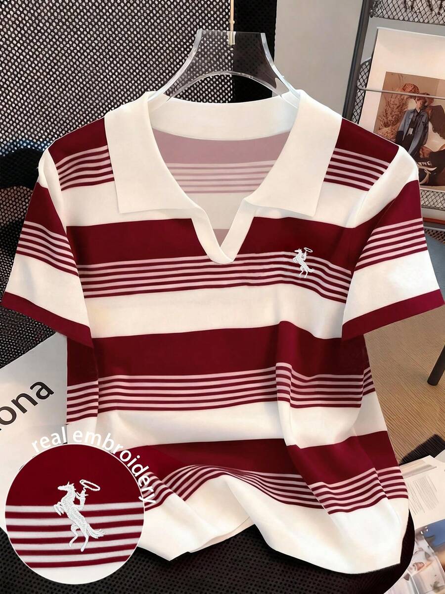 Resyla Striped Digital Print Fashionable & Minimalist Women's Polo Neck T-Shirt, Gift For Friends - White - View 1