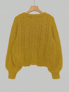 SHEIN Unity Women's Autumn/Winter Long Sleeve Cable Knit Tie Front Cardigan - Yellow - View 2