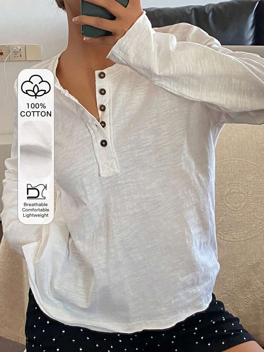 DAZY 女士简约半开襟纽扣装饰家居服上衣 - 白色 - 查看 1