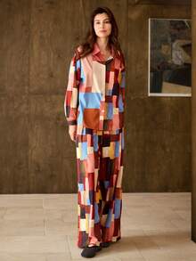 Hansera 2pcs Set: French Pattern Print Long Sleeve Concealed Placket Shirt & Wide Leg Pants, Suitable For Daily, Elegant, Outdoor, Retro, Autumn/Winter Outfits,Christmas Outfit For Women,Graphic Tee,Graphic Tees Women,Elegant Blouses For Women,Red - Multicolor - View 4