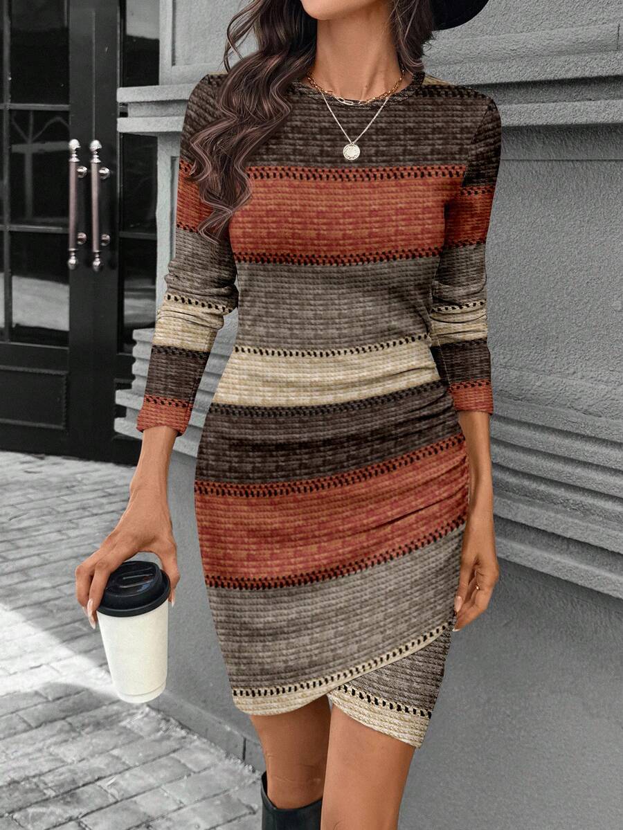 SHEIN LUNE Autumn Colorblock Ribbed Long Sleeve Ruched Waist Fitted Elegant Ribbed Short Dress For Women, Autumn/Winter Spring Knit Dresses For Women - Multicolor - View 1