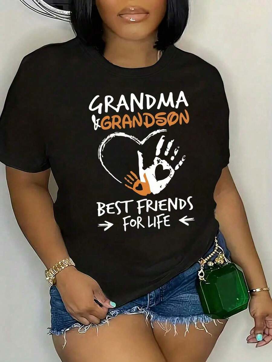 Camiseta de manga corta con estampados de corazones y letras, con el mensaje "Los mejores amigos de la abuela y el nieto para siempre", camiseta gráfica de verano para mujer. - Negro - Ver 1