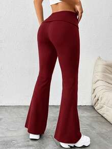 SHEIN PETITE 女士纯色喇叭紧身裤翻边打底裤弹力靴型喇叭裤瑜伽裤Y2K慢跑裤 - 酒紅色 - 查看 2