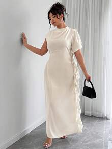 Elenzga Apricot Midi Dress With Ruffled Puff Sleeves, Fitted Waist - Elegant For Parties, Suitable For Spring & Summer, Plus Size - Apricot - View 4