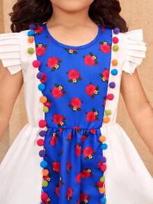 Girls,Young Girl Blue Background Red Flower Contrast Color Dress,White,Summer,Fairy,Family Matching Colorful Pom Pom Decor,Cap Sleeve Design,Party - Multicolor - View 6