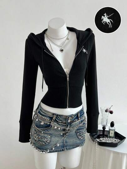 Elamini Women's Black Knitted Fleece Ribbed Fabric With Small Horse Embroidery Front Long Sleeve Fitted Short Zip-Up Hooded Jacket, Fashion For Commuting, Teaching, School, Versatile For Daily Wear, Outings And Dates, Autumn/Winter