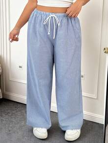 CovetEZ Pantaloni con coulisse a stampa a righe per donne taglie forti - Blu e Bianco - Visualizzare 5