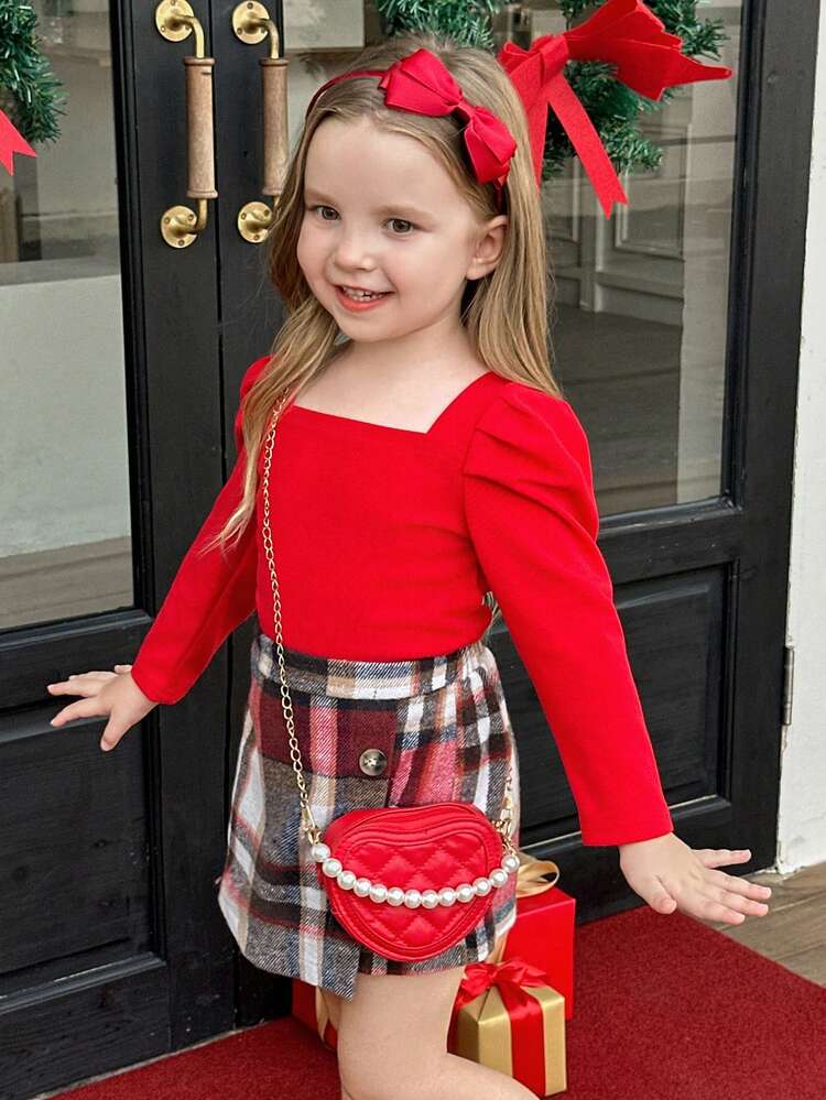 SHEIN Elladie kids 2 件套圣诞节年轻女孩休闲日常荷叶边肩部 T 恤上衣 + 经典红白格子不对称下摆裙装，时尚百搭，适合圣诞节和其他场合，秋冬季 - 紅色 - 查看 3