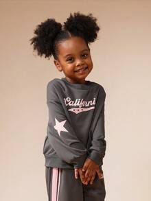 SUMWON California Star Print Hoodie And Sweatpants Co-Ord Set With Side Stripe Detailing For Little Kids Casual Outfit Vacation - Dark Grey - View 3