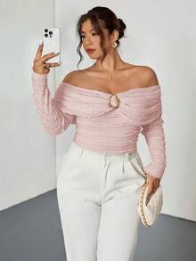Firerie Plus Size Women Off-Shoulder Ruched Fitted Metallic Decor Textured Long Sleeve T-Shirt,Elegant,Dusty Pink,Autumn,Wedding Ninang Casual Spring Top - Pink - View 3