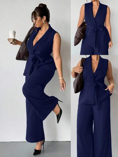 Firerie Plus Size Women Solid Color Shawl Collar Belted Sleeveless Blazer And Pants Casual Commuter 2 Pieces Set Brown Jumpsuit Women Plus Size Formal Jumpsuit Brown Two Pieces Set Women 2 Pieces Sets Woman Classy Maternity Clothes Two Pieces Suits Autumn Winter Clothes For Women 2 Pieces Pant Set Classy Plus Size Pant Suit Set Plus Size Two Pieces Set Women's Two Pieces Suits 2 Pieces Pant Set Plus Size Sleeveless Blazer Vest Set Women Plus Size Jumpsuit Two Pieces Suits Women