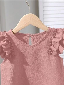 Genkimix Kids 女童纹理面料休闲T恤，带荷叶袖 - 粉色 - 查看 3