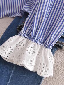 CosyJoli Áo sơ mi nữ cỡ lớn mùa thu đông, áo cài nút, áo sơ mi denim đã giặt, áo ren dễ thương, trang phục thường ngày cho nữ, trang phục cho bé gái, áo sơ mi tay bồng - Màu xanh lam - Xem 4