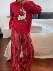 DAZY Cartoon Print Top And Striped Pajama Pants Women Sleepwear Set - Red - View 4