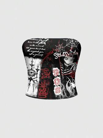 Anime Top tubo con stampa slogan occhi incrociati stile gotico scuro per ragazze