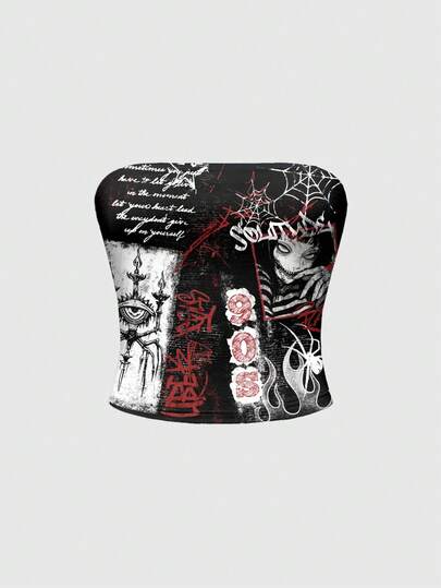 Anime Dark Goth Girl Cross Eye Slogan Print Tube Top