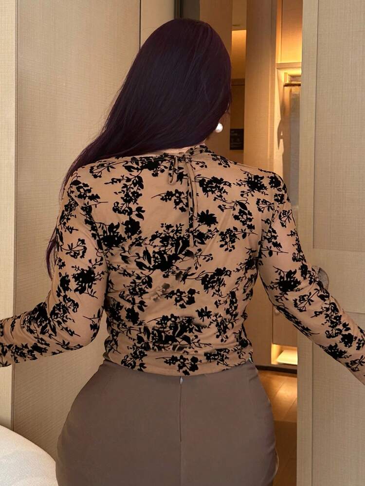 Flocked Printed Tight Fit Sexy Crop Long Sleeve T-Shirt