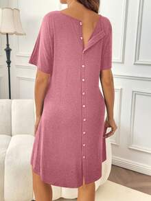 SHEIN 纯色舒适前开襟短袖产妇服 - 紅色 - 查看 2