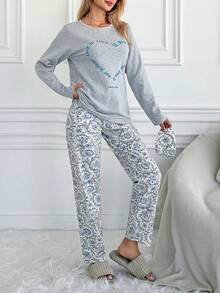 EURMUSE Cotton Text Print Round Neck Long Sleeve Casual Pajama Set - Grey - View 5