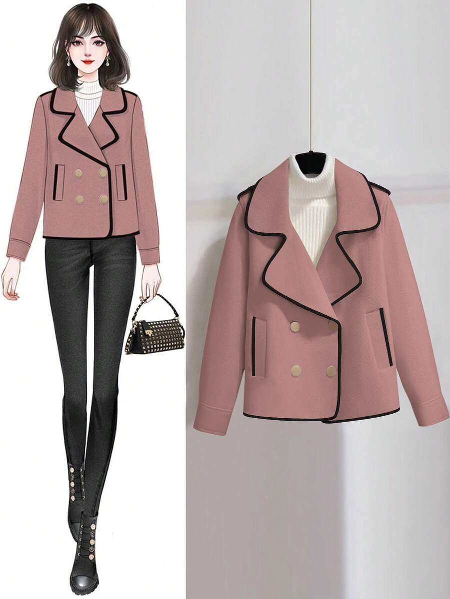 SHEIN LUNE 女士休闲翻领长袖双排扣羊毛大衣,秋冬款 - 粉色 - 查看 1