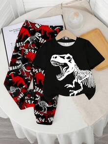 Bubblio 男婴休闲风可爱恐龙卡通动物街头涂鸦Y2K运动宽松圆领短袖上衣和裤子套装 - 彩色 - 查看 2