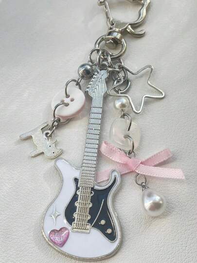 1pc/2pcs Cute Cat Guitar Bow Beaded Guitar Pendant, Adorable Keychain, Card Holder, Book Ccd Pendant, Christmas Gift, Exquisite Little Gift